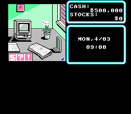 Wall Street Kid (NES) screenshot: Main game window - from here you can read the newspaper, take Prisila out, exercise, and more