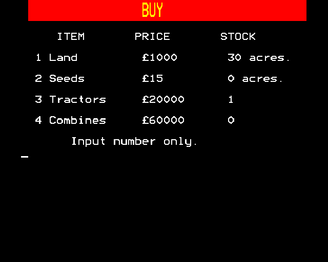 Farmer (BBC Micro) screenshot: Buy menu