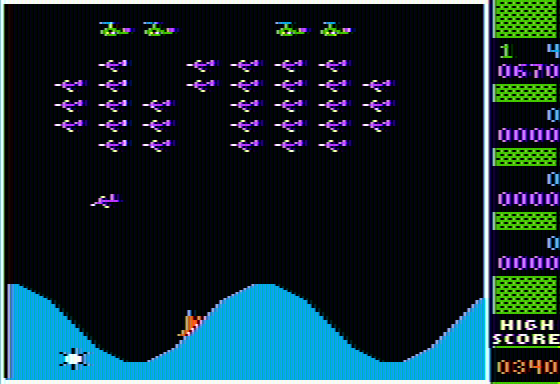Wavy Navy (Apple II) screenshot: Level 2 puts a mine in the water. Try not to hit it!