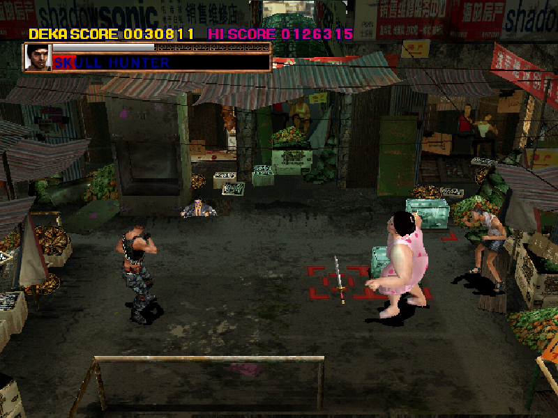 Asian Dynamite (Arcade) screenshot: Watch out for that shooter in the corner.