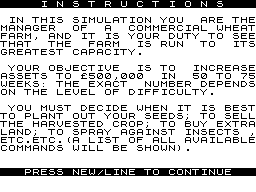 Farmer (ZX81) screenshot: Some of the instructions