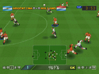 Dynamite Soccer 98 (PlayStation) screenshot: Players are trying to catch the high ball