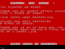 Farmer (ZX Spectrum) screenshot: Results (48 KB version)