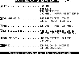 Farmer (ZX81) screenshot: Commands available