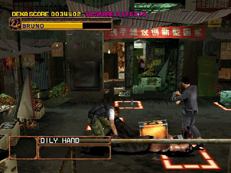 Asian Dynamite (Arcade) screenshot: This game has so many weapons, but who said people can't make a good weapon?