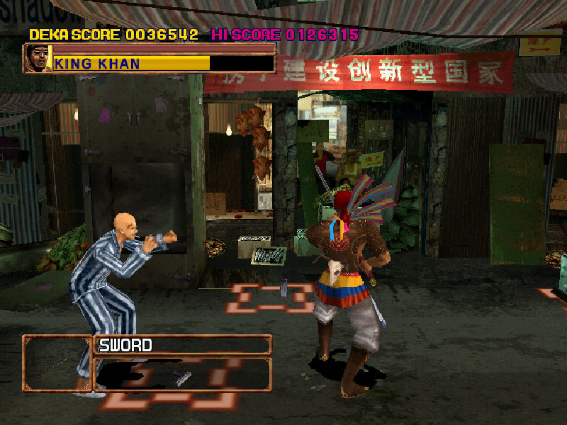 Asian Dynamite (Arcade) screenshot: Is that you, Agent 47?