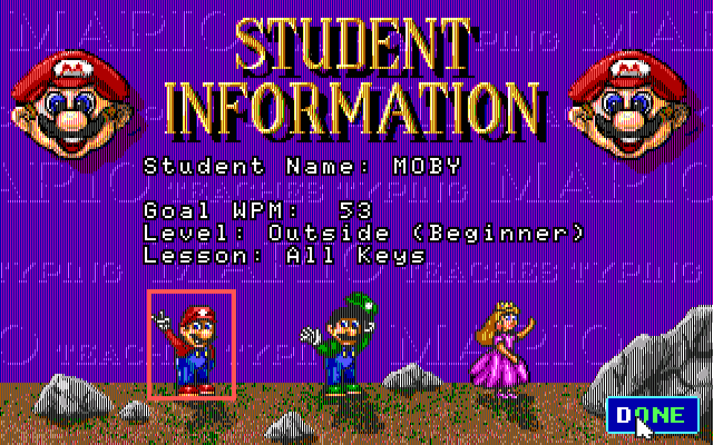 Mario Teaches Typing (DOS) screenshot: Student information (EGA, Tandy)