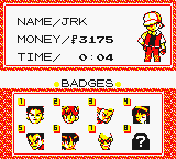 Pokémon Yellow Version: Special Pikachu Edition (Game Boy) screenshot: My status (on a GBC)