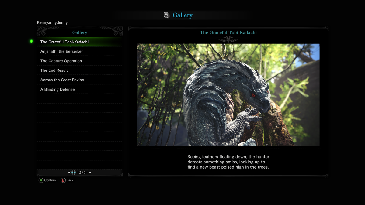 Monster Hunter: World (Xbox One) screenshot: Aside from the main campaign there is also the Gallery mode, in which players can rewatch any cutscene that has been unlocked before