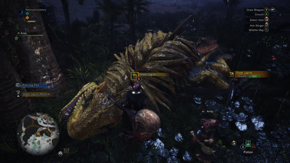 Monster Hunter: World (Xbox One) screenshot: The Great Jagras has been slain, let's loot him