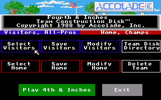 4th & Inches Team Construction Disk (Amiga) screenshot: Main menu