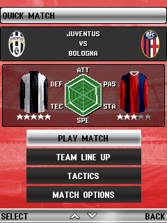 FIFA 12 (J2ME) screenshot: Pre-match menu