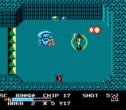 The Guardian Legend (NES) screenshot: Using one of the special weapons to deal with a sub-boss