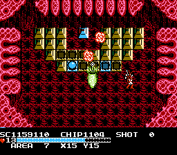 The Guardian Legend (NES) screenshot: Soon things get out of control and we find ourselves in an area that looks like a living organism