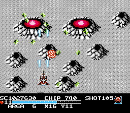 The Guardian Legend (NES) screenshot: Avoiding volcanoes in Area six