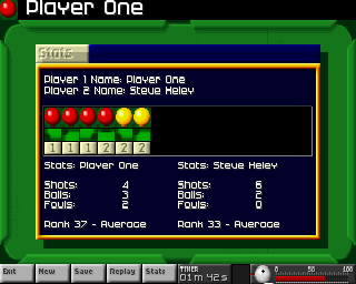 Arcade Pool (Amiga CD32) screenshot: Mid-game stats