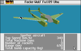 Campaign (Atari ST) screenshot: Info about one of my aircrafts
