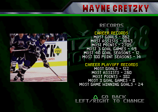 Wayne Gretzky's 3D Hockey '98 (PlayStation) screenshot: Some records.