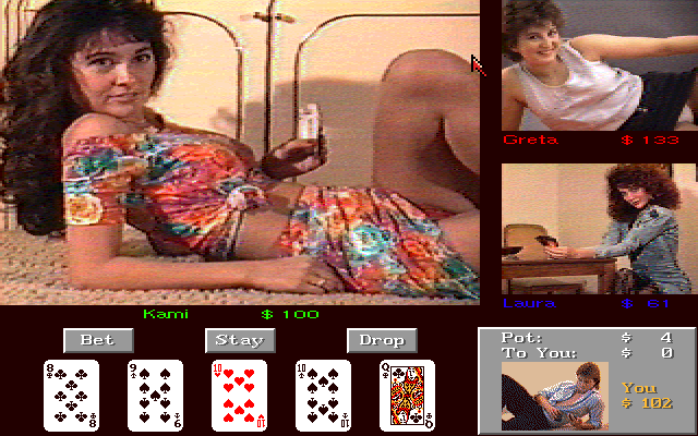 Strip Poker III (Amiga) screenshot: You can view each opponent in the main window.