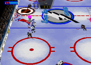 Wayne Gretzky's 3D Hockey '98 (PlayStation) screenshot: Left Goal Camera #2.