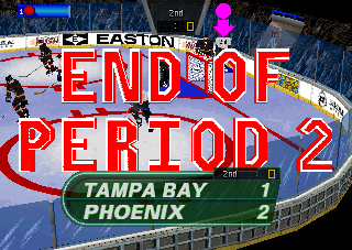 Wayne Gretzky's 3D Hockey '98 (PlayStation) screenshot: Low Side Camera. End of Period 2.