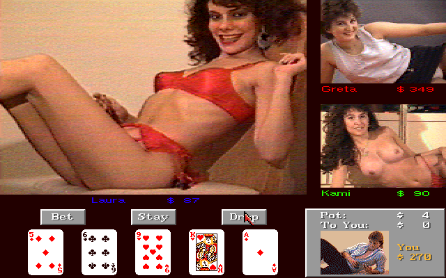 Strip Poker III (Amiga) screenshot: Kami and Laura are losing but Gerta has most of the money.