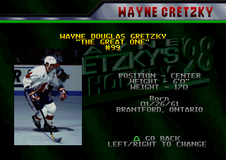 Wayne Gretzky's 3D Hockey '98 (PlayStation) screenshot: "The Great One"