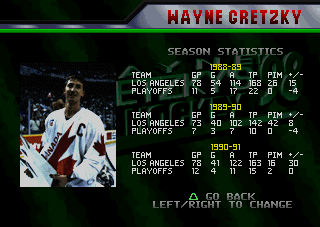 Wayne Gretzky's 3D Hockey '98 (PlayStation) screenshot: Some Season Statistics.