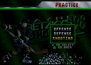 Wayne Gretzky's 3D Hockey '98 (PlayStation) screenshot: Practice menu.