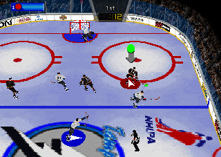 Wayne Gretzky's 3D Hockey '98 (PlayStation) screenshot: Right Goal Camera #2.