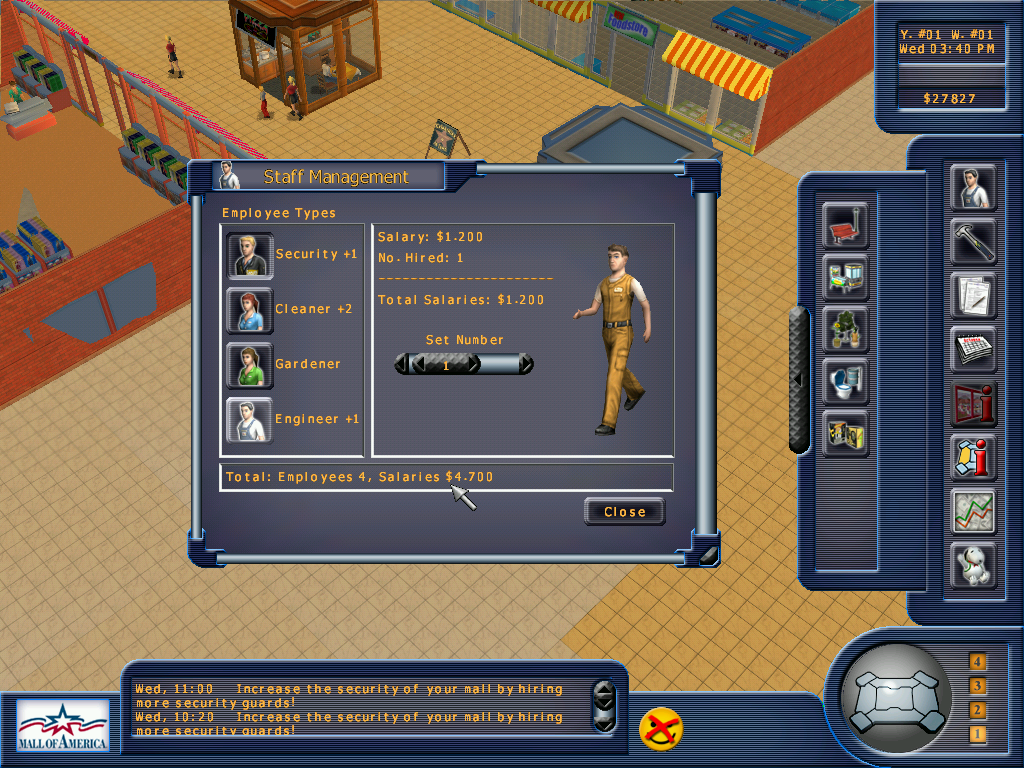 Mall of America Tycoon (Windows) screenshot: Hire the type and number of staff you need