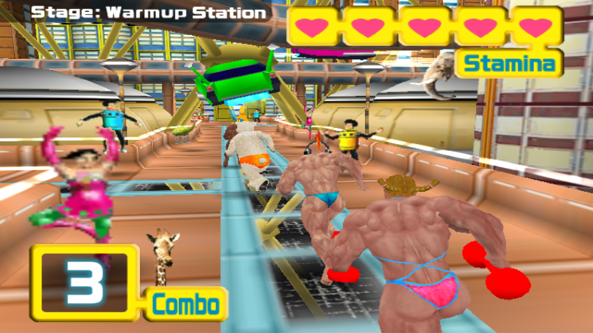 Muscle March (Wii) screenshot: Mass Effect smokes nervously in the corner as Muscle March takes over the sci-fi spotlights.