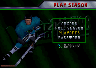 Wayne Gretzky's 3D Hockey '98 (PlayStation) screenshot: Play Season menu.