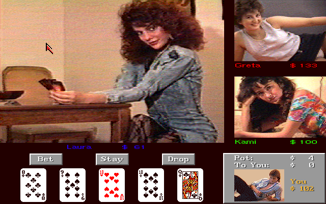 Strip Poker III (Amiga) screenshot: Laura looks like she means serious business.
