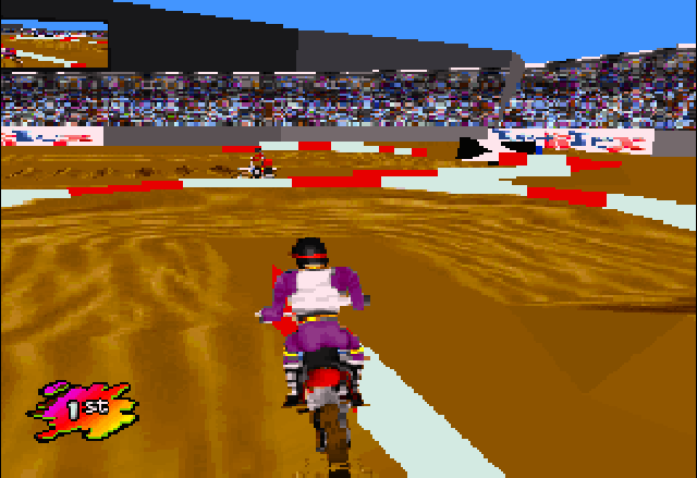 Supercross 3D (Jaguar) screenshot: "I really need to refine my skills more...or is my bike not helping me out here..."