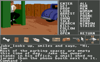 Borrowed Time (Atari ST) screenshot: Parking lot office.