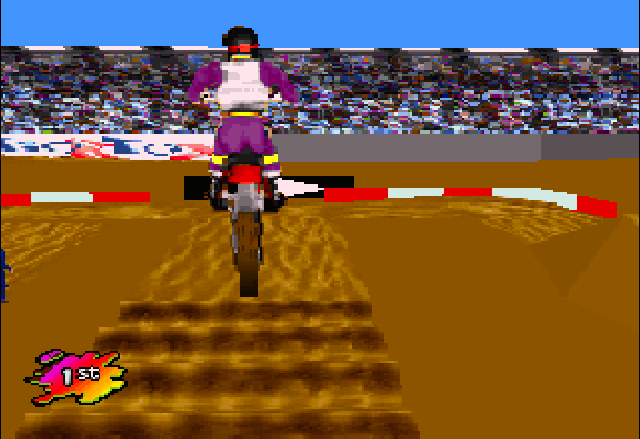 Supercross 3D (Jaguar) screenshot: In some tracks, if you time it just right, you can launch up in the air to skip a good part of the lower dirt hills.