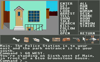Borrowed Time (Atari ST) screenshot: In front of blue house.