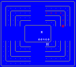 Head-On (Arcade) screenshot: Jam cars occasionally leave red dots behind them that are worth more points