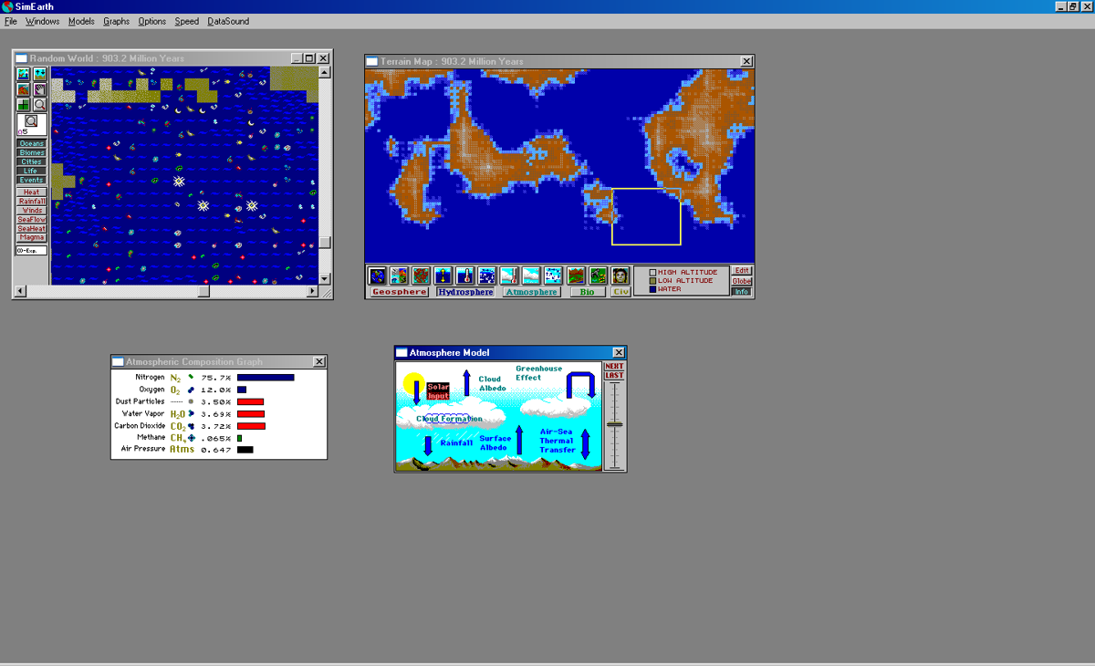 SimEarth: The Living Planet (Windows 3.x) screenshot: A game in progress. Here is a world that is randomly generated, and two windows showing the information about the atmosphere are opened by using the pull-down menus.