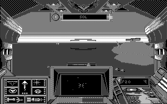 Stellar 7 (DOS) screenshot: A game in progress (CGA black and white mode)
