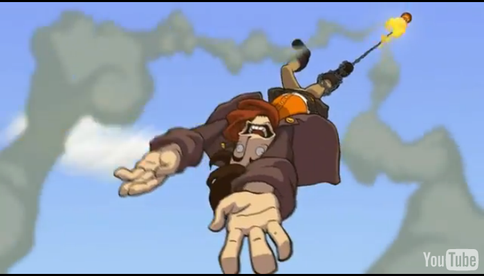 Deponia (Flash Demo) (Browser) screenshot: Rufus is hanging on the chain attached to the harpoon that hit the cruiser.