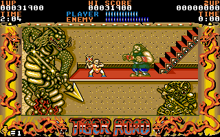 Tiger Road (Amiga) screenshot: There are stairs to multiple levels.