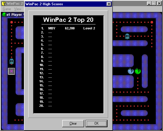 WinPac 2 (Windows) screenshot: If a high score is attained the player gets to enter their initials in a small windw. After this the high score table is displayed, it can also be accessed via the menu bar