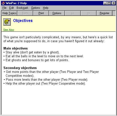 WinPac 2 (Windows) screenshot: The game's help file opens in a new window that overwrites the main screen