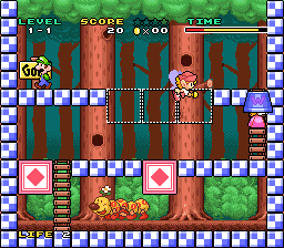 Mario & Wario (SNES) screenshot: The first level is pretty basic, with no hazards. Note the similarity to Mario vs. Donkey Kong.