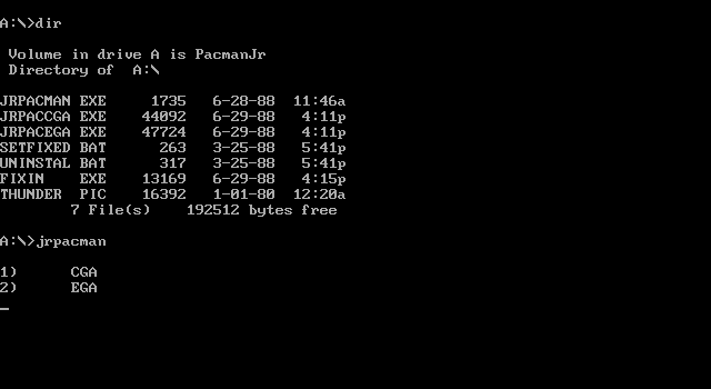 Jr. Pac-Man (DOS) screenshot: Original file lists from Retail Package / Select Mode