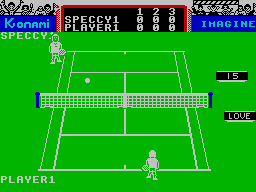 Konami's Tennis (ZX Spectrum) screenshot: CPU ready for the angled shot