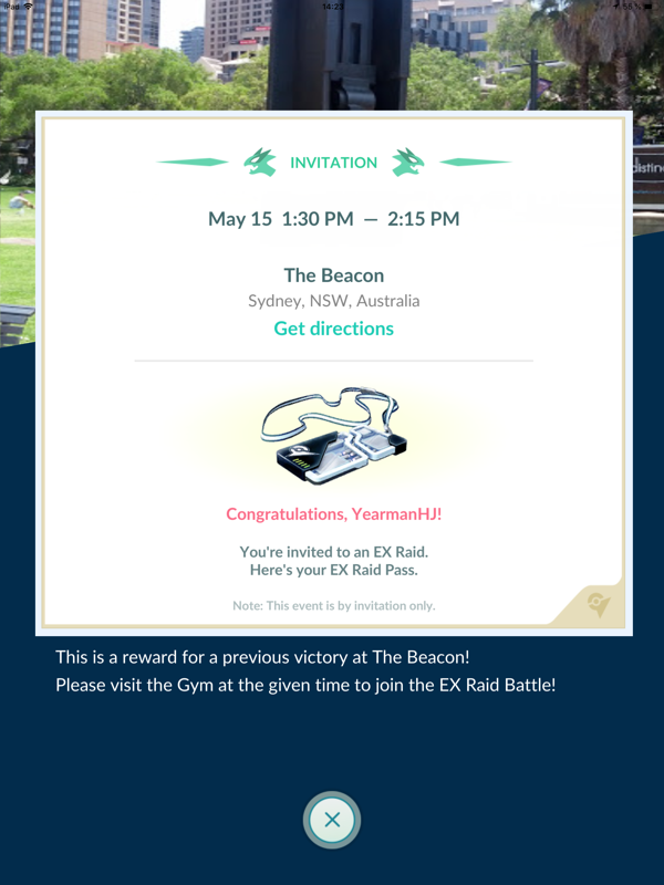 Pokémon GO (iPad) screenshot: Received my invitation for an EX raid.