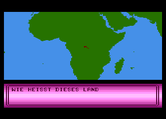 Maps World (Atari 8-bit) screenshot: Topographie Welt: Wissentest Landen; You have to write down the right name of this land